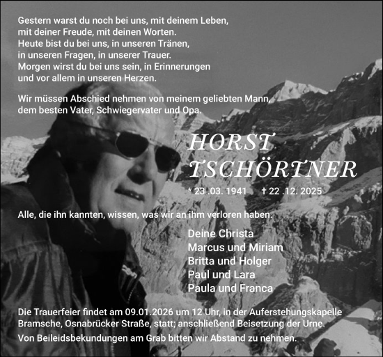 Traueranzeige von Horst Tschörtner von Neue Osnabrücker Zeitung GmbH & Co. KG