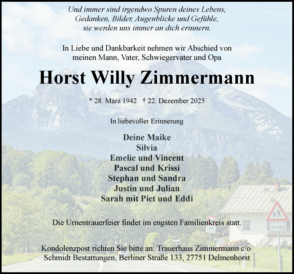  Traueranzeige für Horst Willy Zimmermann vom 03.01.2026 aus DK Medien GmbH & Co. KG