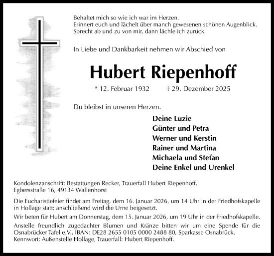 Traueranzeige von Hubert Riepenhoff von Neue Osnabrücker Zeitung GmbH & Co. KG