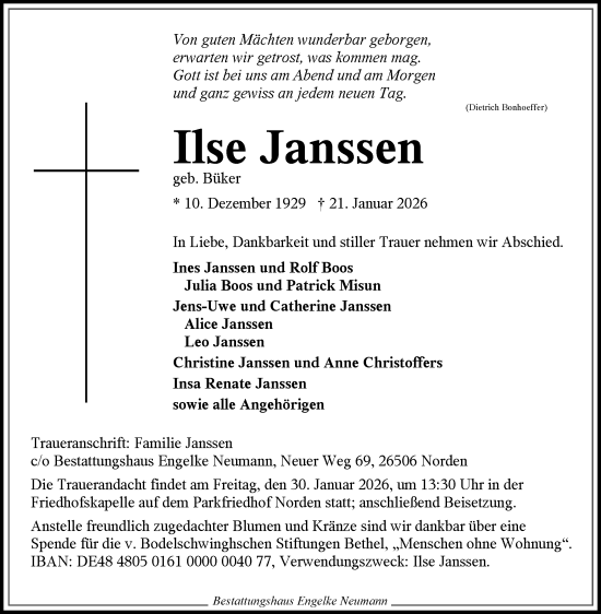 Traueranzeige von Ilse Janssen von Ostfriesischer Kurier / Norderneyer Badezeitung
