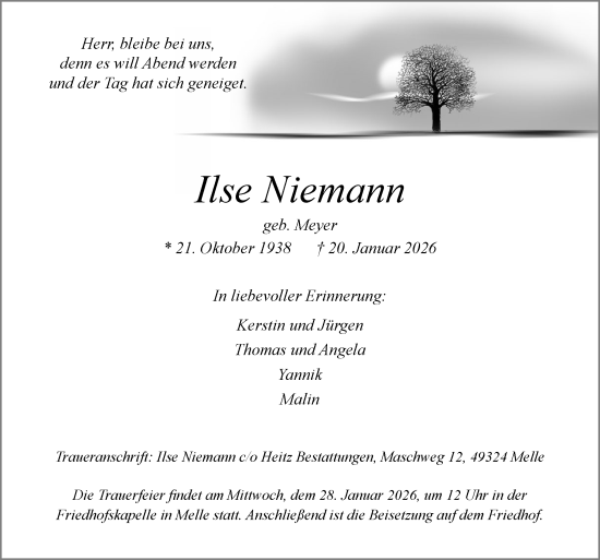 Traueranzeige von Ilse Niemann von Neue Osnabrücker Zeitung GmbH & Co. KG