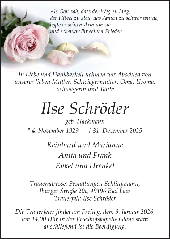Traueranzeige von Ilse Schröder von Neue Osnabrücker Zeitung GmbH & Co. KG