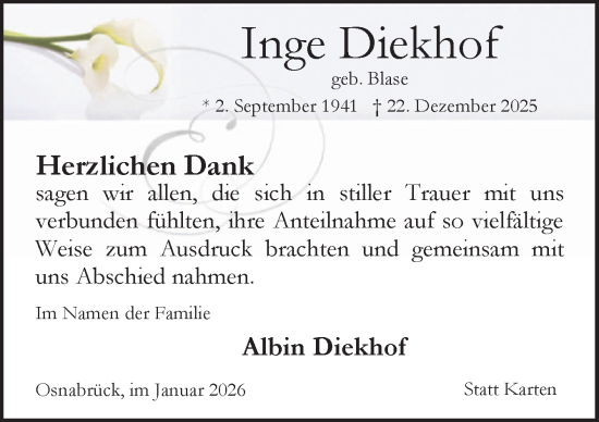 Traueranzeige von Inge Diekhof von Neue Osnabrücker Zeitung GmbH & Co. KG