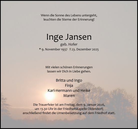 Traueranzeige von Inge Jansen von Neue Osnabrücker Zeitung GmbH & Co. KG