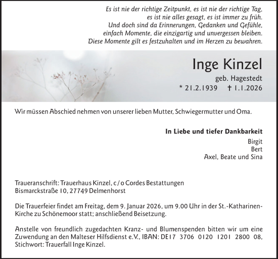 Traueranzeige von Inge Kinzel von DK Medien GmbH & Co. KG