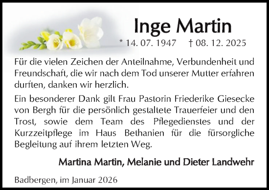 Traueranzeige von Inge Martin von Neue Osnabrücker Zeitung GmbH & Co. KG