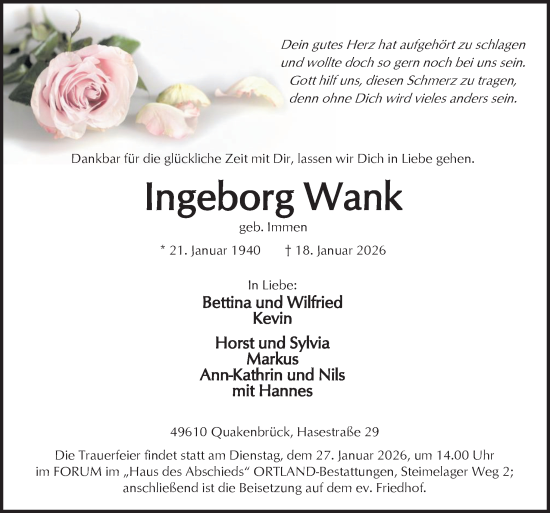 Traueranzeige von Ingeborg Wank von Neue Osnabrücker Zeitung GmbH & Co. KG