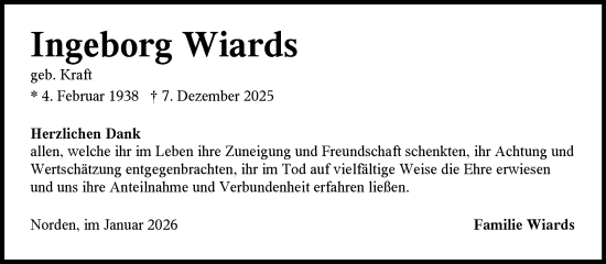 Traueranzeige von Ingeborg Wiards von Ostfriesischer Kurier GmbH