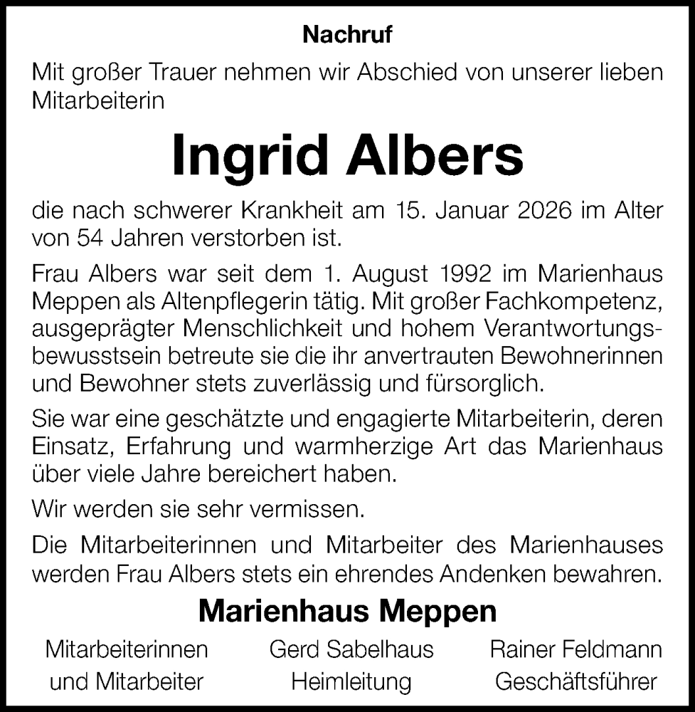  Traueranzeige für Ingrid Albers vom 24.01.2026 aus Neue Osnabrücker Zeitung GmbH & Co. KG