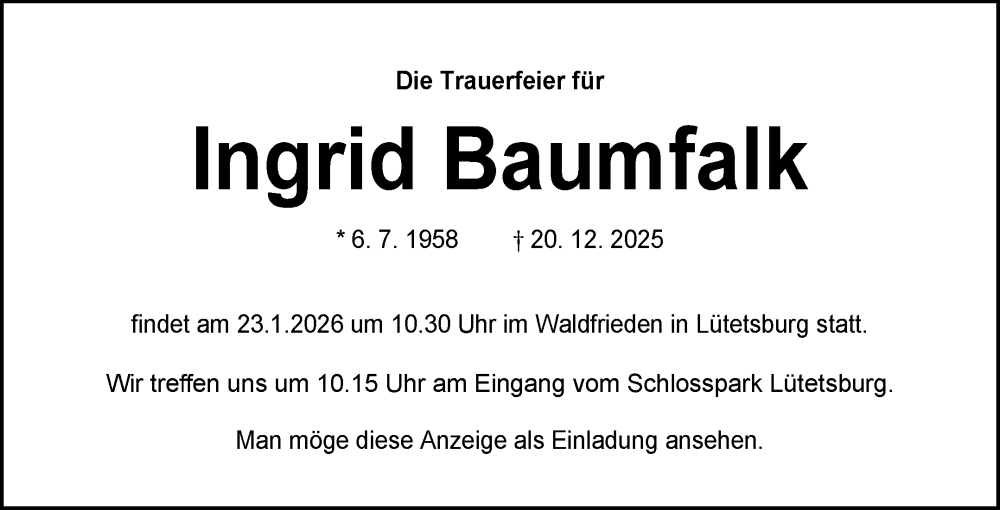  Traueranzeige für Ingrid Baumfalk vom 21.01.2026 aus Ostfriesischer Kurier GmbH