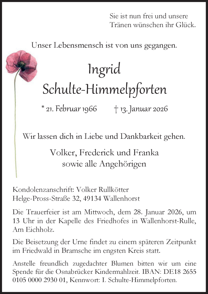  Traueranzeige für Ingrid Schulte-Himmelpforten vom 24.01.2026 aus Neue Osnabrücker Zeitung GmbH & Co. KG