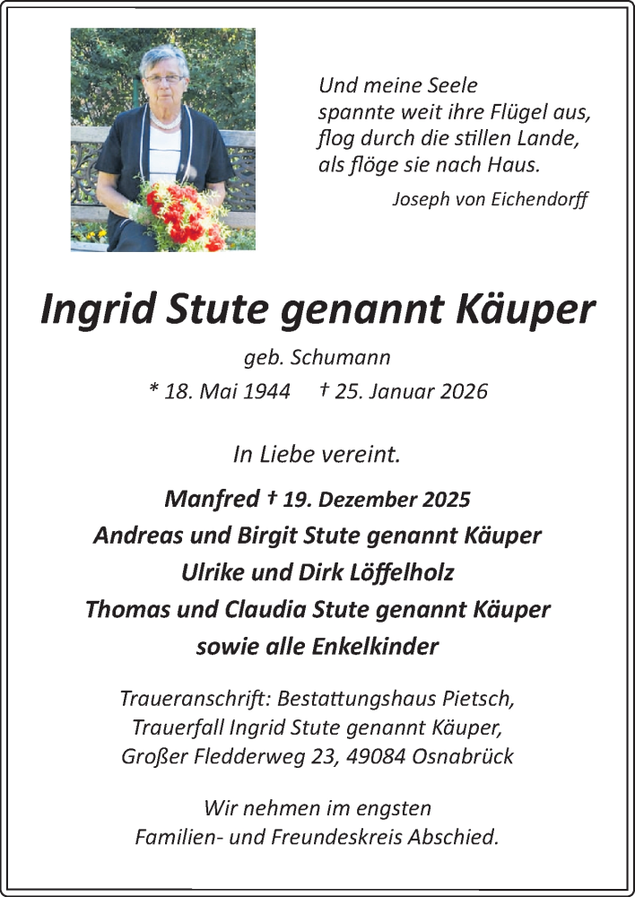  Traueranzeige für Ingrid Stute vom 31.01.2026 aus Neue Osnabrücker Zeitung GmbH & Co. KG