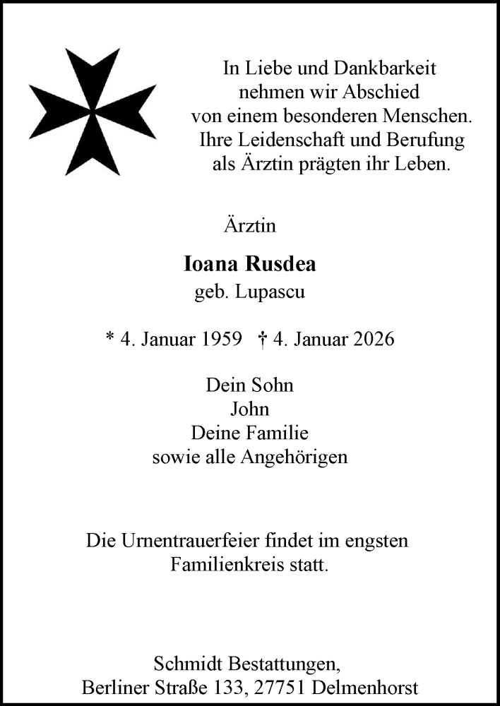  Traueranzeige für Ioana Rusdea vom 14.01.2026 aus DK Medien GmbH & Co. KG