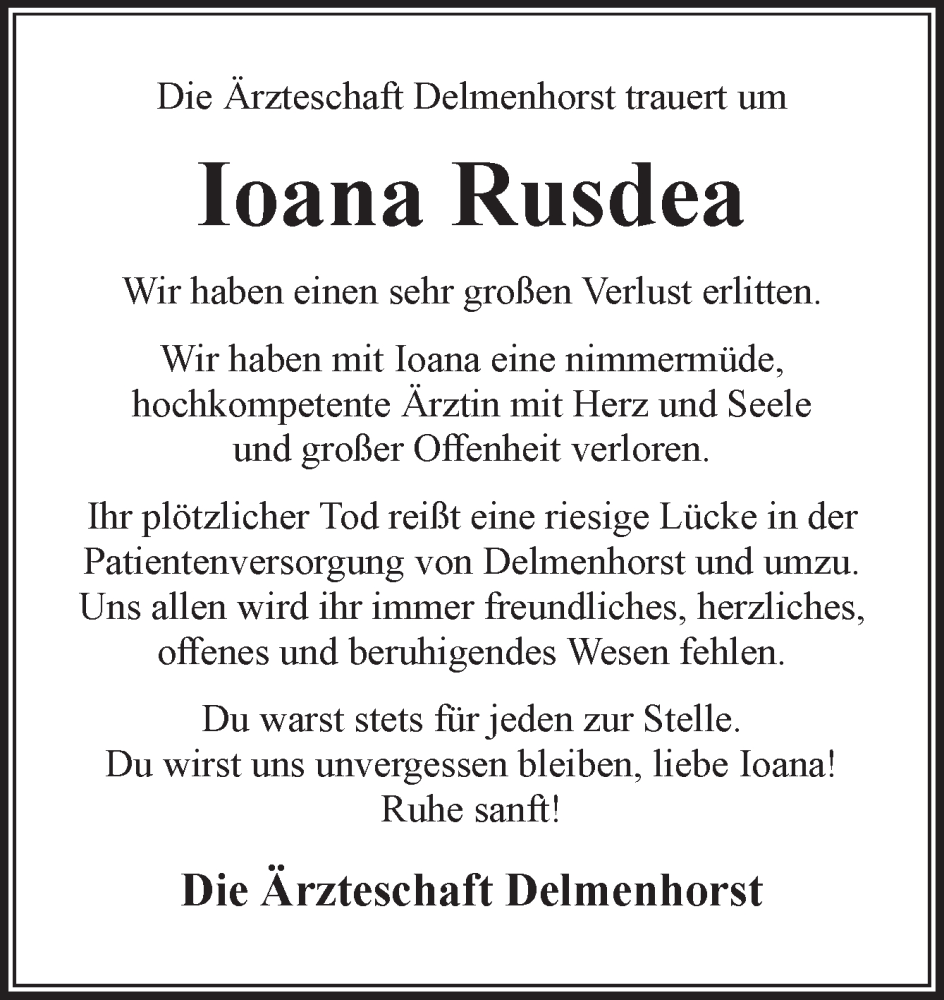  Traueranzeige für Ioana Rusdea vom 17.01.2026 aus DK Medien GmbH & Co. KG