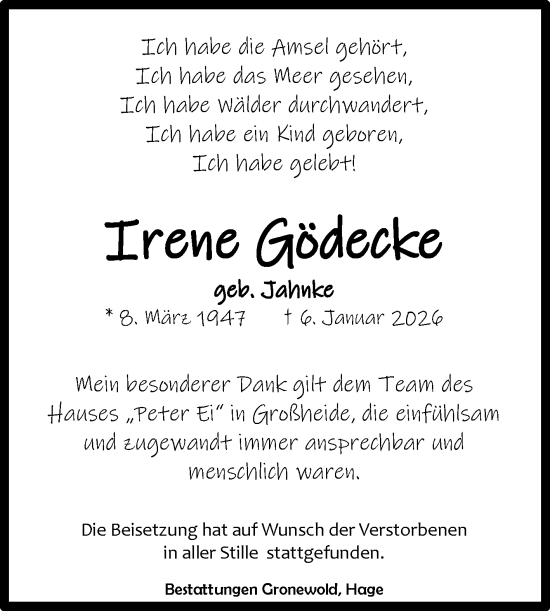 Traueranzeige von Irene Gödecke von Ostfriesischer Kurier GmbH