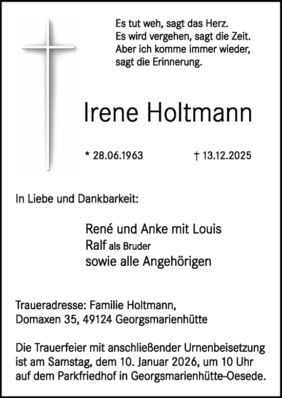 Traueranzeige von Irene Holtmann von Neue Osnabrücker Zeitung GmbH & Co. KG