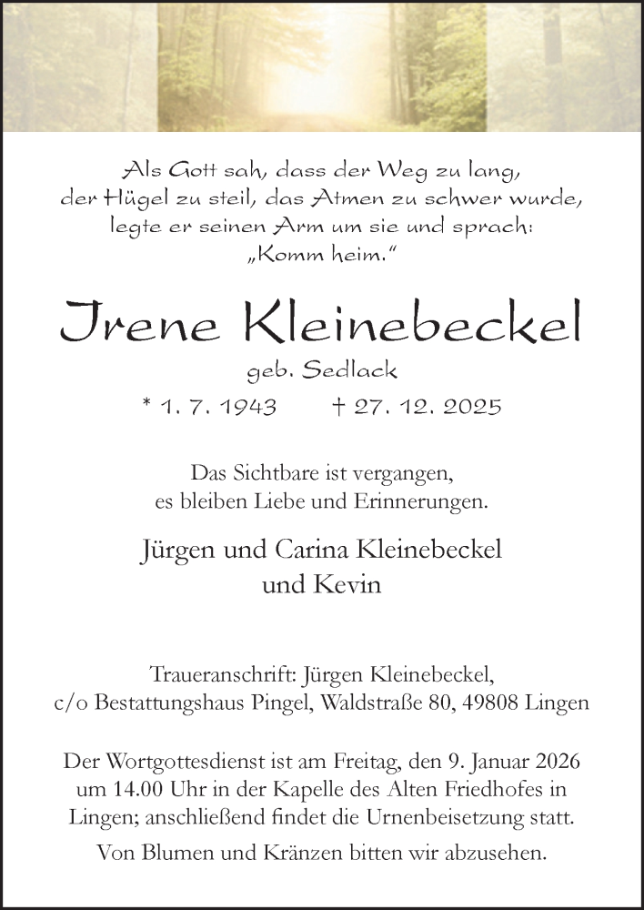  Traueranzeige für Irene Kleinebeckel vom 03.01.2026 aus Neue Osnabrücker Zeitung GmbH & Co. KG
