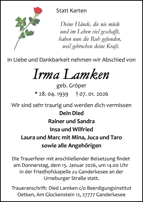 Traueranzeige von Irma Lamken von DK Medien GmbH & Co. KG