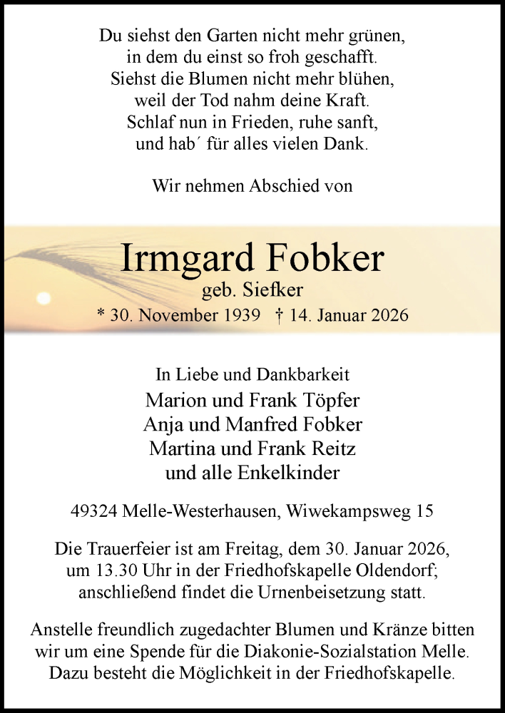  Traueranzeige für Irmgard Fobker vom 24.01.2026 aus Neue Osnabrücker Zeitung GmbH & Co. KG