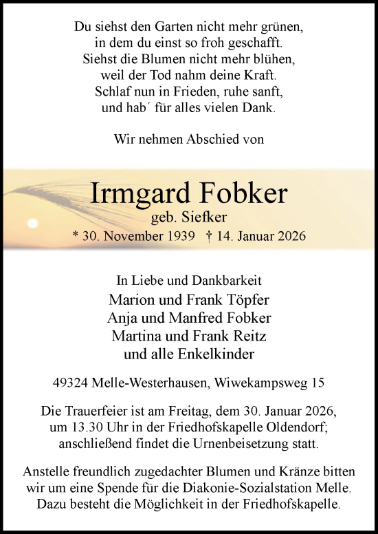 Traueranzeige von Irmgard Fobker von Neue Osnabrücker Zeitung GmbH & Co. KG