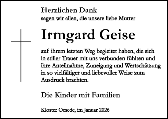 Traueranzeige von Irmgard Geise von Neue Osnabrücker Zeitung GmbH & Co. KG
