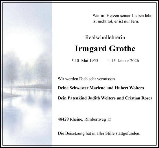 Traueranzeige von Irmgard Grothe von Neue Osnabrücker Zeitung GmbH & Co. KG