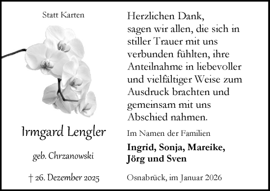 Traueranzeige von Irmgard Lengler von Neue Osnabrücker Zeitung GmbH & Co. KG