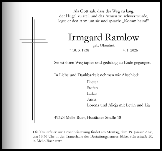 Traueranzeige von Irmgard Ramlow von Neue Osnabrücker Zeitung GmbH & Co. KG