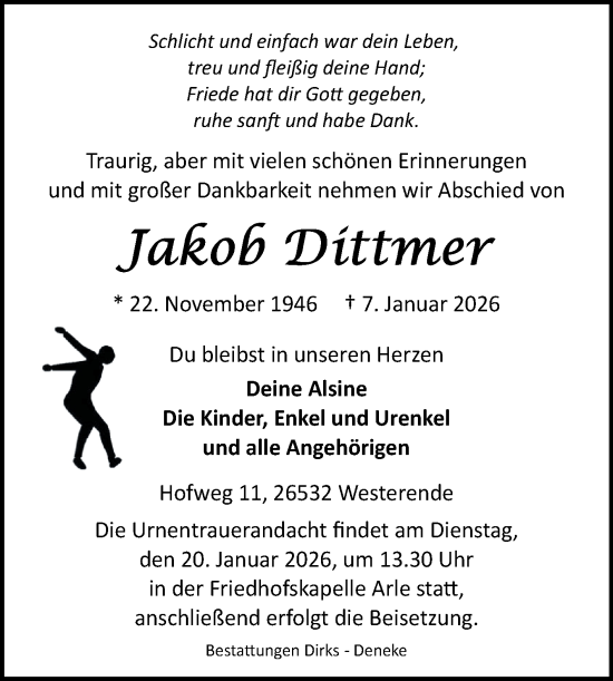Traueranzeige von Jakob Dittmer von Ostfriesischer Kurier GmbH