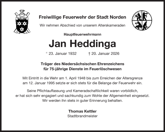 Traueranzeige von Jan Heddinga von Ostfriesischer Kurier / Norderneyer Badezeitung