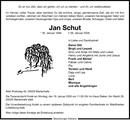 Traueranzeige von Jan Schut von Ostfriesischer Kurier GmbH