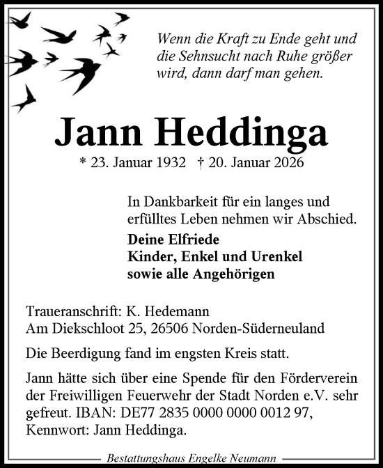 Traueranzeige von Jann Heddinga von Ostfriesischer Kurier / Norderneyer Badezeitung