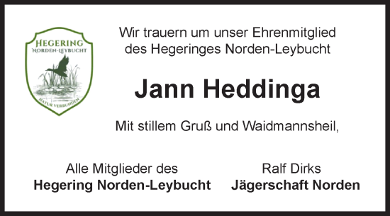 Traueranzeige von Jann Heddinga von Ostfriesischer Kurier / Norderneyer Badezeitung
