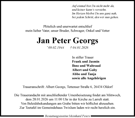 Traueranzeige von Jan Peter Georgs von Ostfriesischer Kurier GmbH