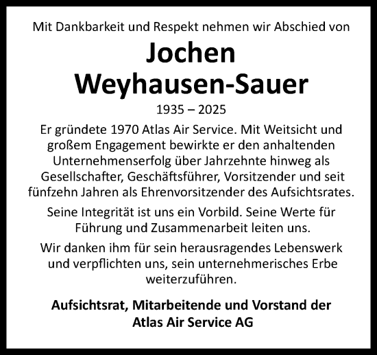 Traueranzeige von Jochen Weyhausen-Sauer von DK Medien GmbH & Co. KG