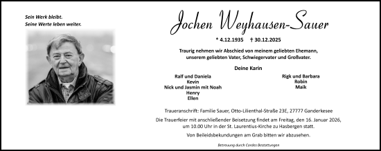 Traueranzeige von Jochen Weyhausen-Sauer von DK Medien GmbH & Co. KG