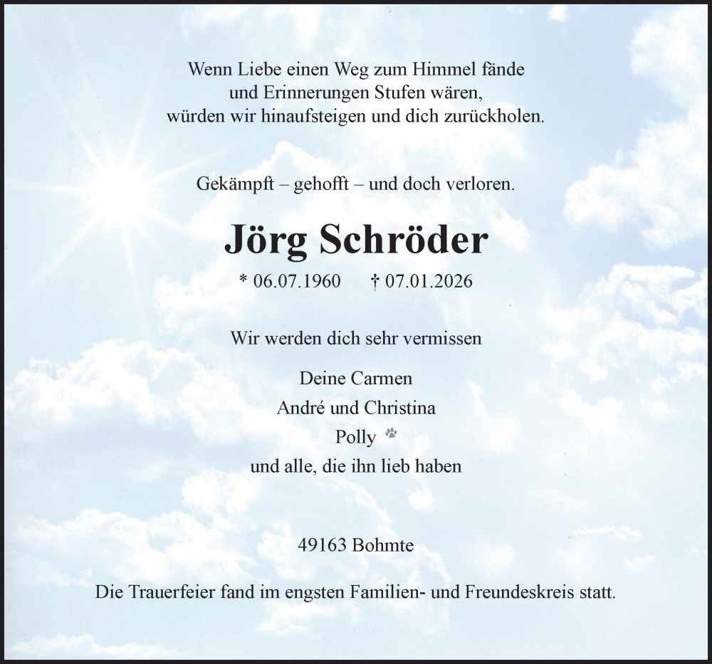  Traueranzeige für Jörg Schröder vom 17.01.2026 aus Neue Osnabrücker Zeitung GmbH & Co. KG
