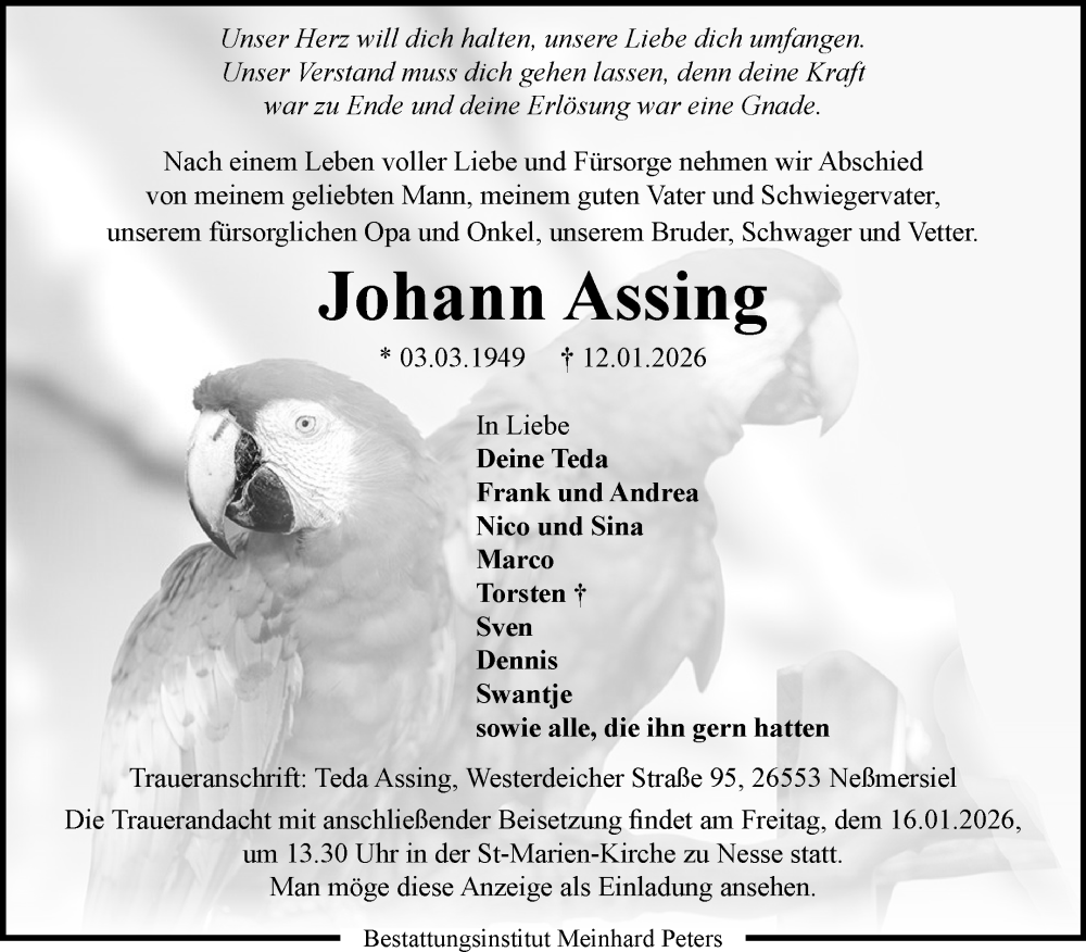  Traueranzeige für Johann Assing vom 14.01.2026 aus Ostfriesischer Kurier GmbH