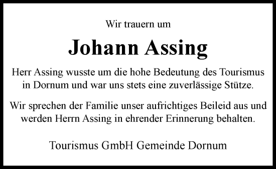 Traueranzeige von Johann Assing von Ostfriesischer Kurier GmbH