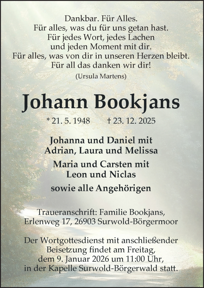  Traueranzeige für Johann Bookjans vom 05.01.2026 aus Neue Osnabrücker Zeitung GmbH & Co. KG