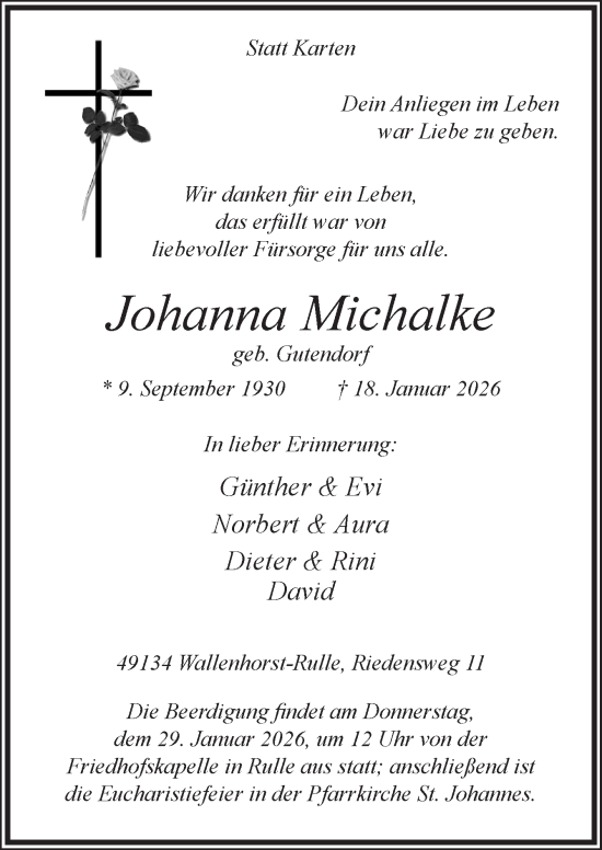 Traueranzeige von Johanna Michalke von Neue Osnabrücker Zeitung GmbH & Co. KG