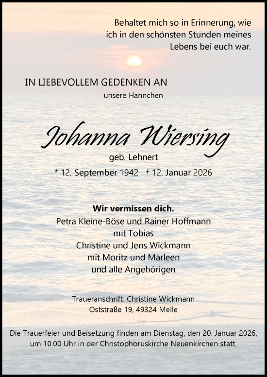 Traueranzeige von Johanna Wiersing von Neue Osnabrücker Zeitung GmbH & Co. KG