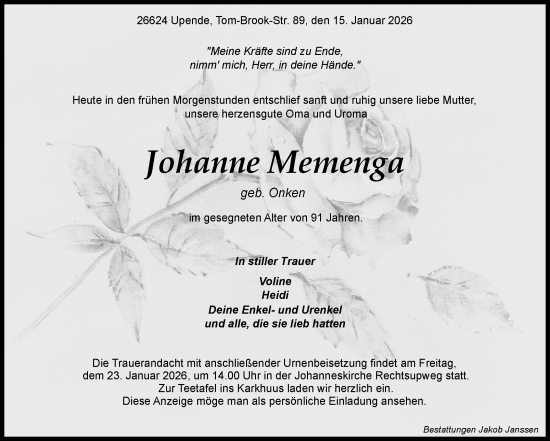 Traueranzeige von Johanne Memenga von Ostfriesischer Kurier GmbH
