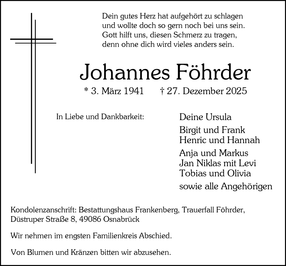  Traueranzeige für Johannes Föhrder vom 03.01.2026 aus Neue Osnabrücker Zeitung GmbH & Co. KG
