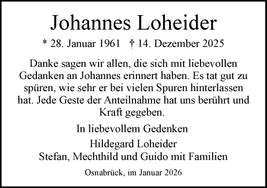 Traueranzeige von Johannes Loheider von Neue Osnabrücker Zeitung GmbH & Co. KG