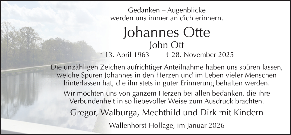  Traueranzeige für Johannes Otte vom 10.01.2026 aus Neue Osnabrücker Zeitung GmbH & Co. KG