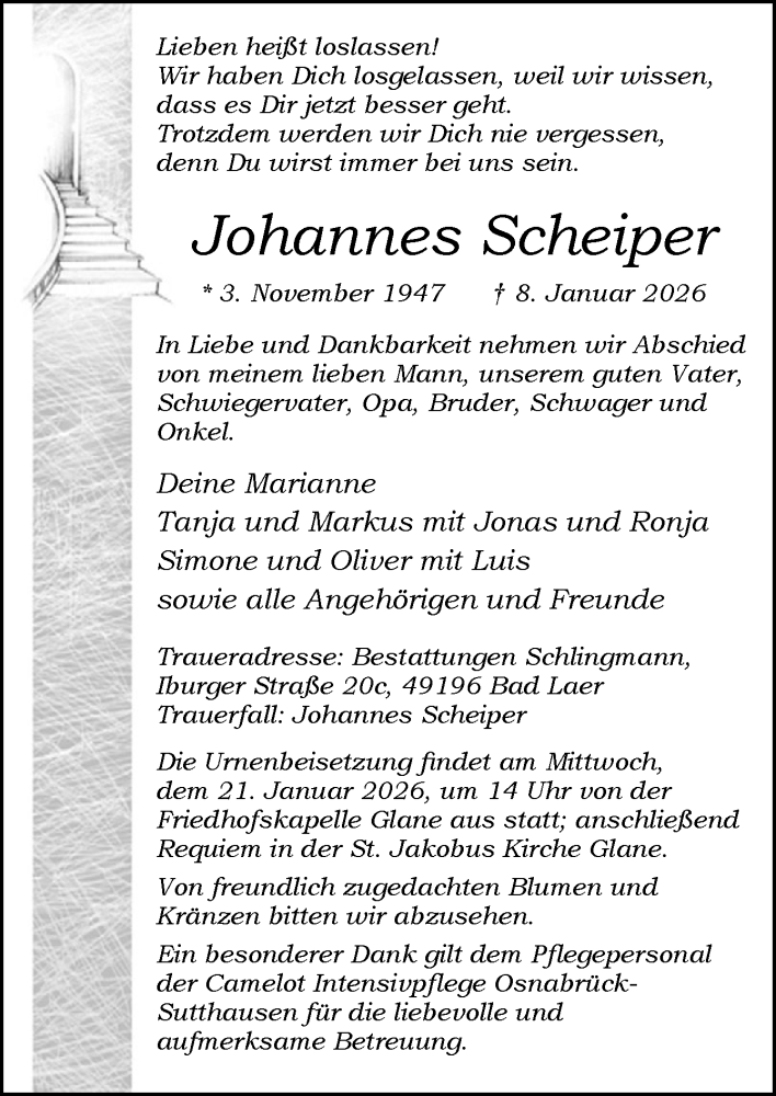 Traueranzeige für Johannes Scheiper vom 17.01.2026 aus Neue Osnabrücker Zeitung GmbH & Co. KG