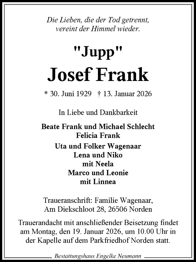  Traueranzeige für Josef Frank vom 17.01.2026 aus Ostfriesischer Kurier GmbH