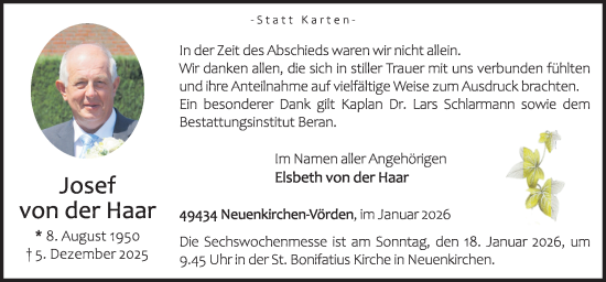 Traueranzeige von Josef von der Haar von Neue Osnabrücker Zeitung GmbH & Co. KG