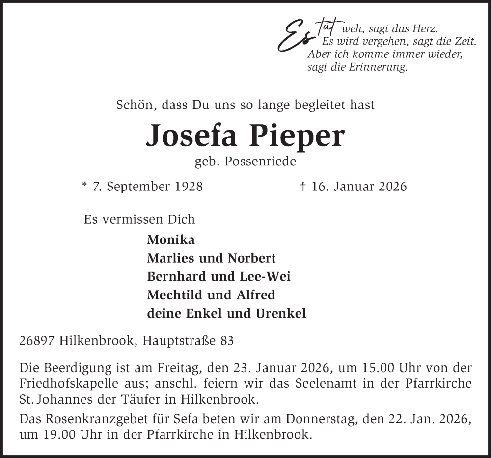  Traueranzeige für Josefa Pieper vom 21.01.2026 aus Neue Osnabrücker Zeitung GmbH & Co. KG